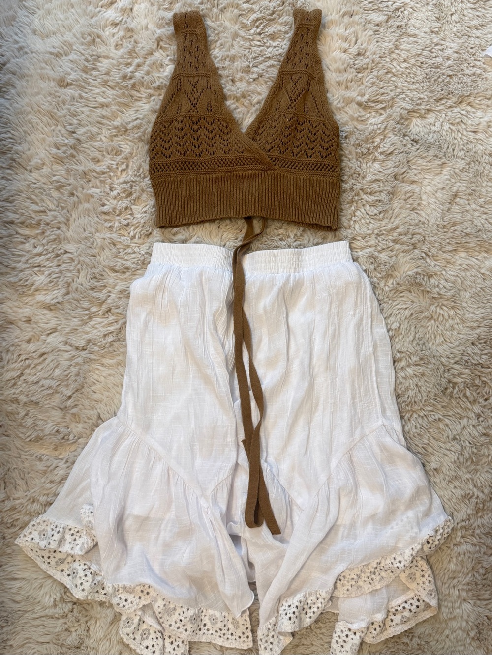 Boho Crochet Knit Top White Ruffle Skirt Set Size S M Cottagecore Festival